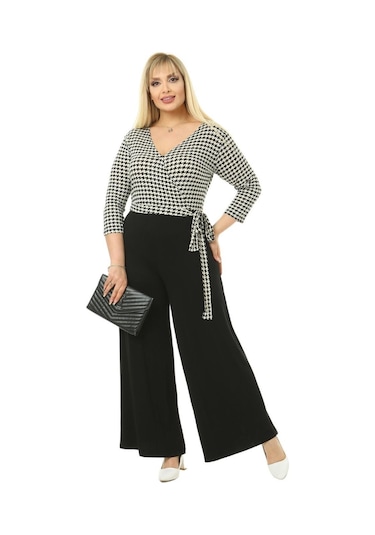 Melsay Butik Kruvaze Yaka Kazayağı Desen Büyük Beden Kadın Tulum