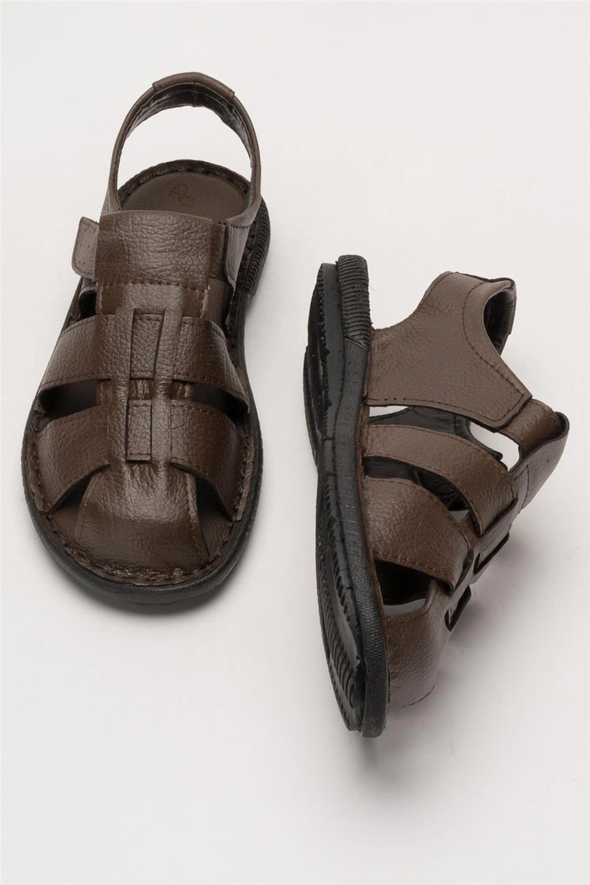 Erkek Hakiki Deri Yazlık Hafif Günlük Ayakkabı Sandalet Kahverengi Kahverengi