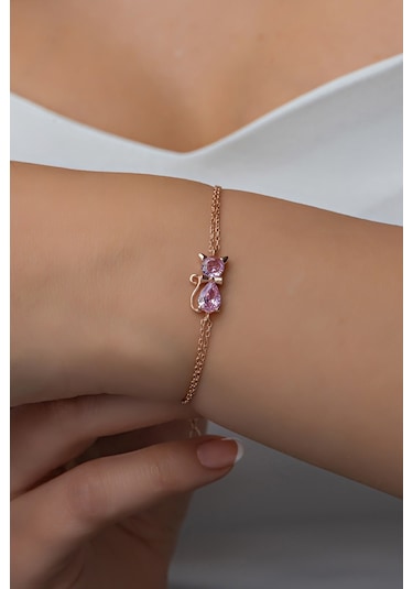 Nereze 925 Ayar Gümüş Pembe Taşlı Kedi Bileklik