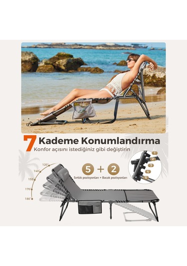 Kingcamp Magnolia B10 Hands-free Premium 7 Kademeli Katlanır Şezlong Grey Gri