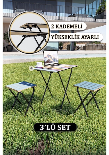 Bino Yükseklik Ayarlı Ahşap Bistro Set Kamp Masası Taburesi 3'lü Set Çok Renkli