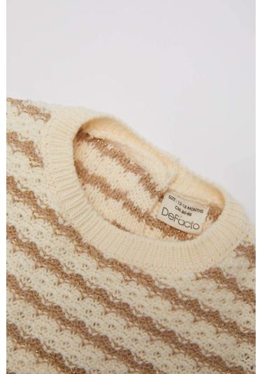 DeFacto Kız Bebek Bisiklet Yaka Çizgili Triko Kazak C8273A524WNER105 Ekru