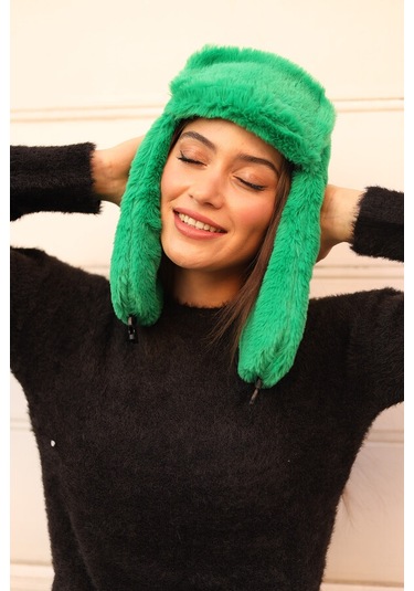 Çıtçıtlı Kürklü Kulaklıklı Peluş Bere Şapka Rkş-03 Yeşil Yeşil