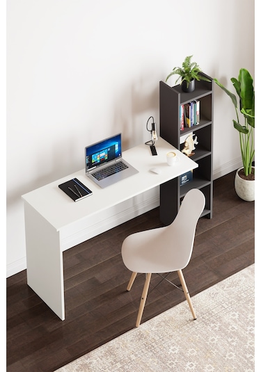 Kitaplıklı Fonksiyonel Çalışma Masası Beyaz- Antrasit Gri Beyaz - Gri