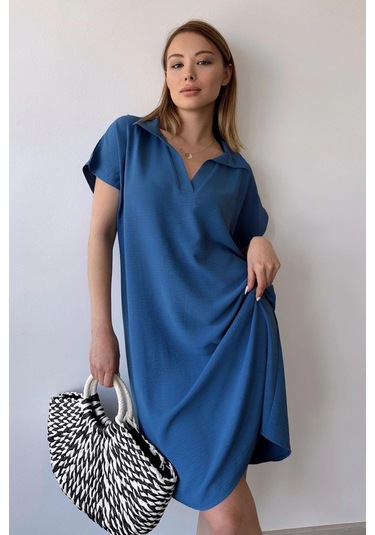 Kadın İndigo Kısa Kol, Polo Yaka, Dokulu Desen, Basic Kalıp/kesim, Aerobin Rahat Midi Elbise Indigo