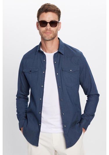 Erkek Slim Fit Dar Kesim Çift Cepli Denim Kot Lacivert Gömlek-31927 Lacivert