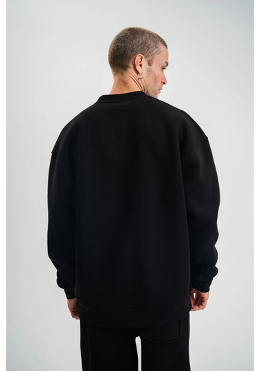 Erkek Uzun Kol Bisiklet Yaka 3 İplik Pamuklu Kışlık Sweatshirt - Siyah Siyah