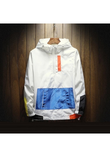 İlkbahar Sonbahar Patchwork Sokak Ceketler Erkekler Kapşonlu Rahat Arrı Baskı Rüzgarlık Ceket Erkek Hip Hop Ceket Homme Beyaz