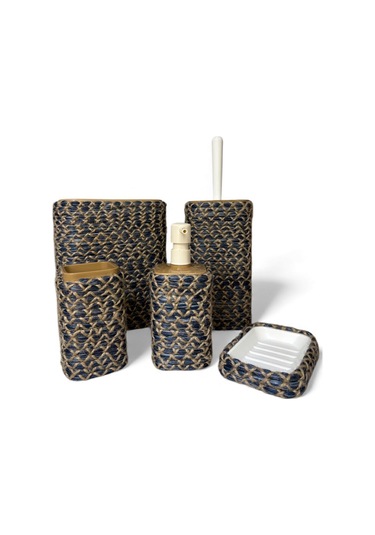 Doğal Dokulu Hasır Görünümlü 6 Parça Banyo Takımı Zarif Ve Modern Mavi