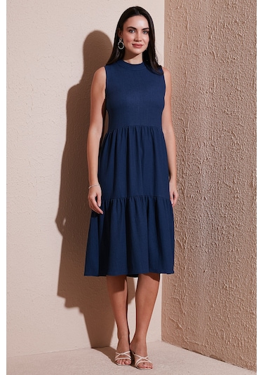 Lela Regular Fit Kolsuz Midi Bayan Elbise 5869008 Indigo