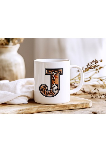 J Harfi Kaplan Figürlü Nakış Desenli Kupa Bardak - Kişiye Özel Vahşi Hayvan Desenli Kupa - Hediye Beyaz