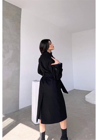 Neşeli Butik Kadın Siyah İthal Kumaş Kaşe Kaban Nbmylk26 Siyah