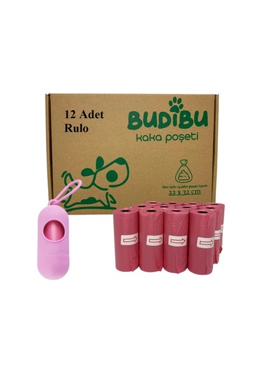 Budibu Köpek Kaka Poşeti Dışkı Torbası12 Rulo + Taşıma Çantası Pembe