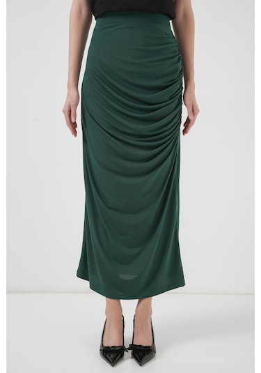8035 Büzgülü Midi Etek - Zümrüt Yeşili Zümrüt