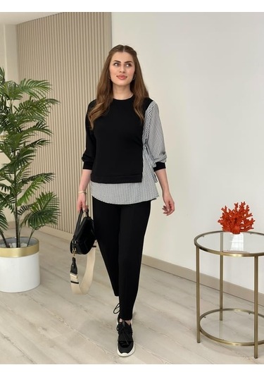 Modasize Kadın Gömlek Detay Çizgili Yandan Bağlamalı Ikili Takım Siyah