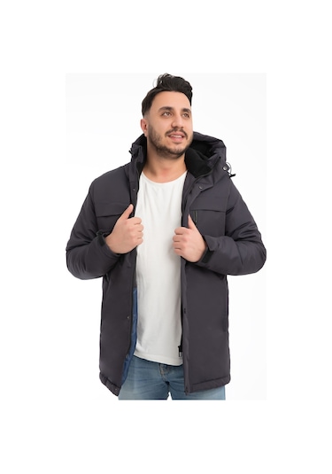 Erkek Lacivert Içi Polarlı Kürklü Su Ve Rüzgar Geçirmez Kapüşonlu Kışlık Mont & Kaban & Parka Lacivert