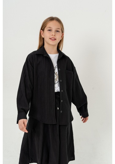 Kız Çocuk Tek Cepli Gömlek T-shirt İkili Takım 1802 Siyah