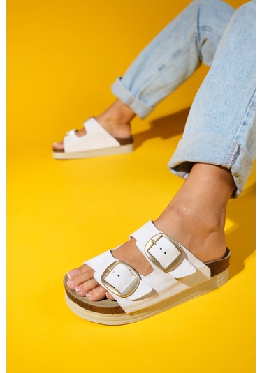 Harbor Beyaz Süet Çift Bantlı Hakiki Deri Kadın Kalın Tabanlı Terlik Beyaz