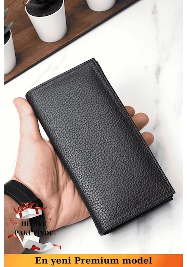 Telefon Bölmeli Unisex Siyah Cüzdan Mıknatıslı Ve El Bantlı Büyük Paraportföy El Çantası Siyah