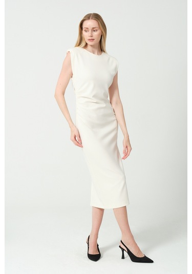 Arka Yırtmaç Detaylı Bel Büzgülü Elbise BEYAZ Beyaz