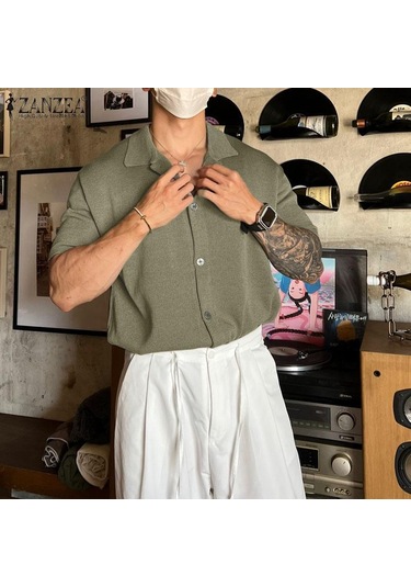 İncerun Erkek Günlük Giyim Düz Renk Örme Kısa Kollu Gömlek Yeşil