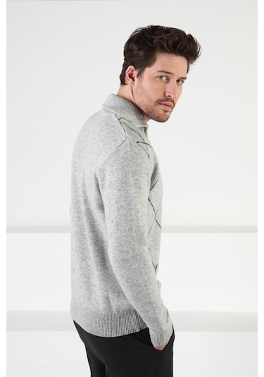Ferraro A.Gri Fermuarlı Dik Yaka %100 Kuzu Yünü Erkek Kazak Açık Gri (536161083) Açık Gri