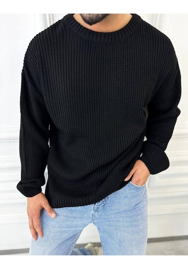 Kazak Oversize Çift Kat Örme Naturel Pamuk Bol Kesim Tüylenmeyen Salaş Triko Kazak Siyah