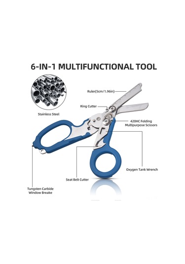 Hfambition Mavi Çok Fonksiyonlu Folding Makas - Dış Mekan Kamp Araçları, Cam Kırıcı, Şişe Açıcı, Ölçü Çizgili Dayanıklı Gereç