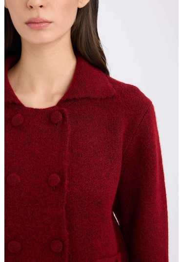 DeFacto Regular Fit Polo Yaka Basic Düz Düğmeli Triko Hırka E2289AX24WNBR93 Bordo