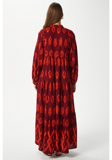 Modest Megan Turuncu Kadın %100 Viskon Maksi Boy Katlı Balon Kol Uzun Yazlık Elbise Turuncukırmızı