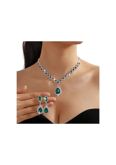 Yeşil 2 Adet/takım Kadınlar Düğün Takısı Seti Su Damlası Şekli Parlayan Sahte Kristal Gerdanlık Kolye Dangle Küpe Seti Yeşil