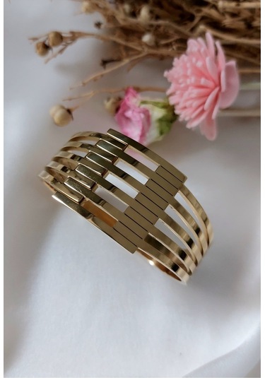 Kaburga Model 316 L Çelik Kelepçe Gold Bileklik,