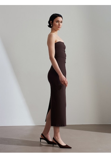 Dilvin 91368 Straplez Midi Elbise-koyu Kahve Koyu Kahve
