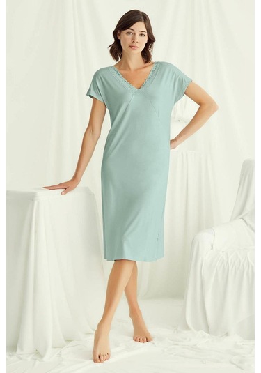 Monamise 18517 Kadın V Yaka Dantelli Düğmeli Kısa Kollu Gecelik-açıkyeşil Açık Yeşil