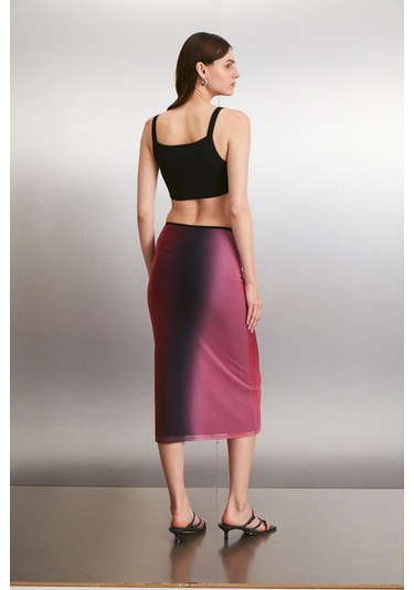 Nuala Kadın Tül Mesh Kumaşlı Astarlı Yandan Dekoltelı Degrade Desenli Kırmızı - Pembe Elbise