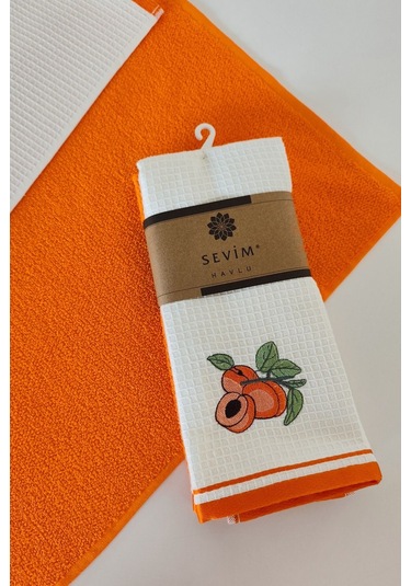 2 Li Mutfak Havlusu %100 Pamuk - Kayısı Nakışlı - 40x60 Cm Turuncu Turuncu