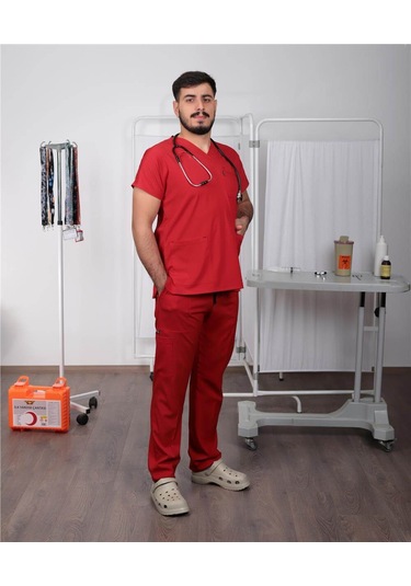 Likralı Cerrahi Forma Unisex Hemşire Doktor Sağlıkçı Forması Scrubs Üniforma Kırmızı