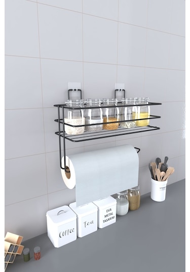 Eva Metal Tasarim Yapışkanlı Raflı Kağıt Rulo Havluluk Peçetelik Havlu Kağıltlık Siyah Banyo Mutfak Düzenleyici Raf