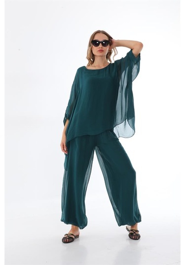 İtalyan Yarasa Kol İpek Bluz-8869 Zümrüt Yeşili