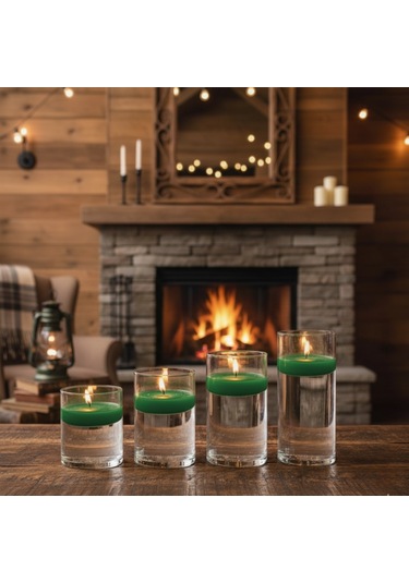 4 Lü Vazo + 12 Adet Çap 5 Cm Yeşil Yüzen Mum Yeşil