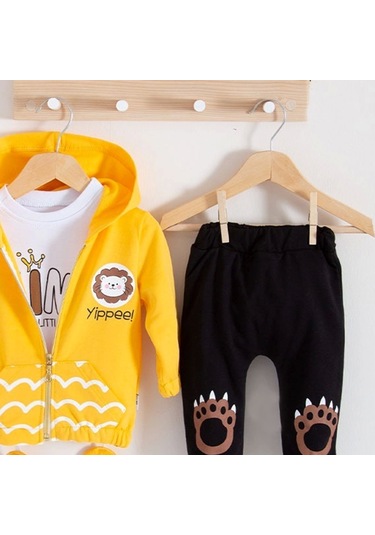 3-18 Ay Erkek Bebek Alt&üst Takımı Aslan 3'lü Sarı Sarı