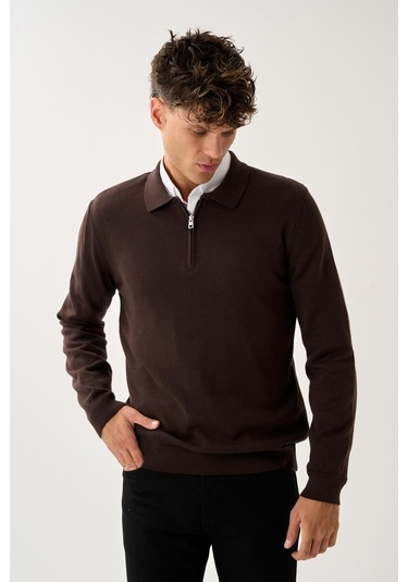 Fermuarlı Polo Yaka Kazak Kahverengi