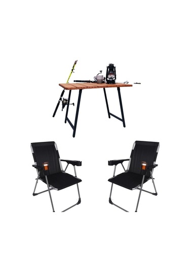 Alin Metal Kamp Sandalyesi 2''li Lüks Bardaklı Kamp Sandalyesi Ve Masa Set Puy-01 Siyah Siyah