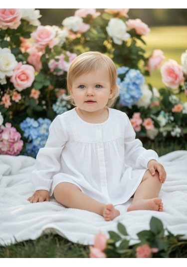 Kız Bebek Pamuklu Hakim Yaka Dokuma Gömlek-16357 Beyaz