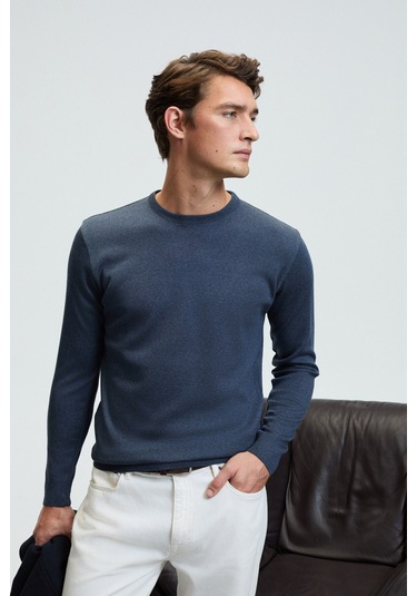 VAREX Erkek Yuvarlak Yaka Basic Slim Fit Triko Mavi Kazak