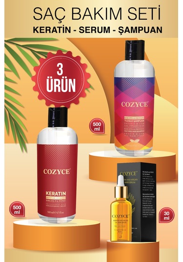 Cozyce Keratin 500 ML + Saç Serumu 30 ML + Tuzsuz Şampuan 500 ML