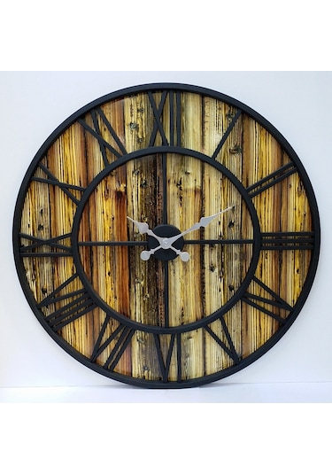 Otantik Ferforje Metal Ahşap Eskitme Duvar Saati 76Cm Ahşap
