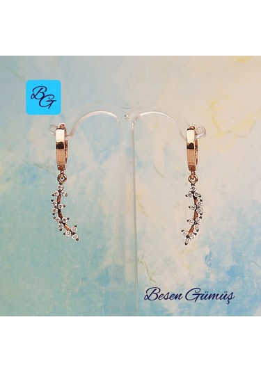 Rose Zirkon Taşlı Dal Üzerinde Çiçekler Sallantılı Halka Küpe Gümüş