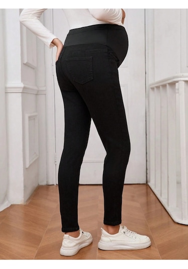 Shevega Kadın Siyah Hamile Esnek Karin Bantli Dar Paça Jeans Pantolon Siyah