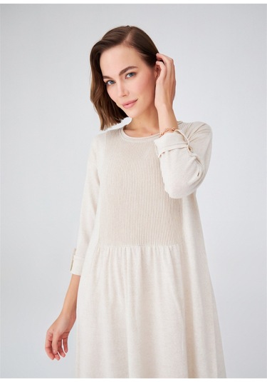 Peraluna Bol Kesim Uzun Kadın Triko Elbise Ekru Melanj Ekru